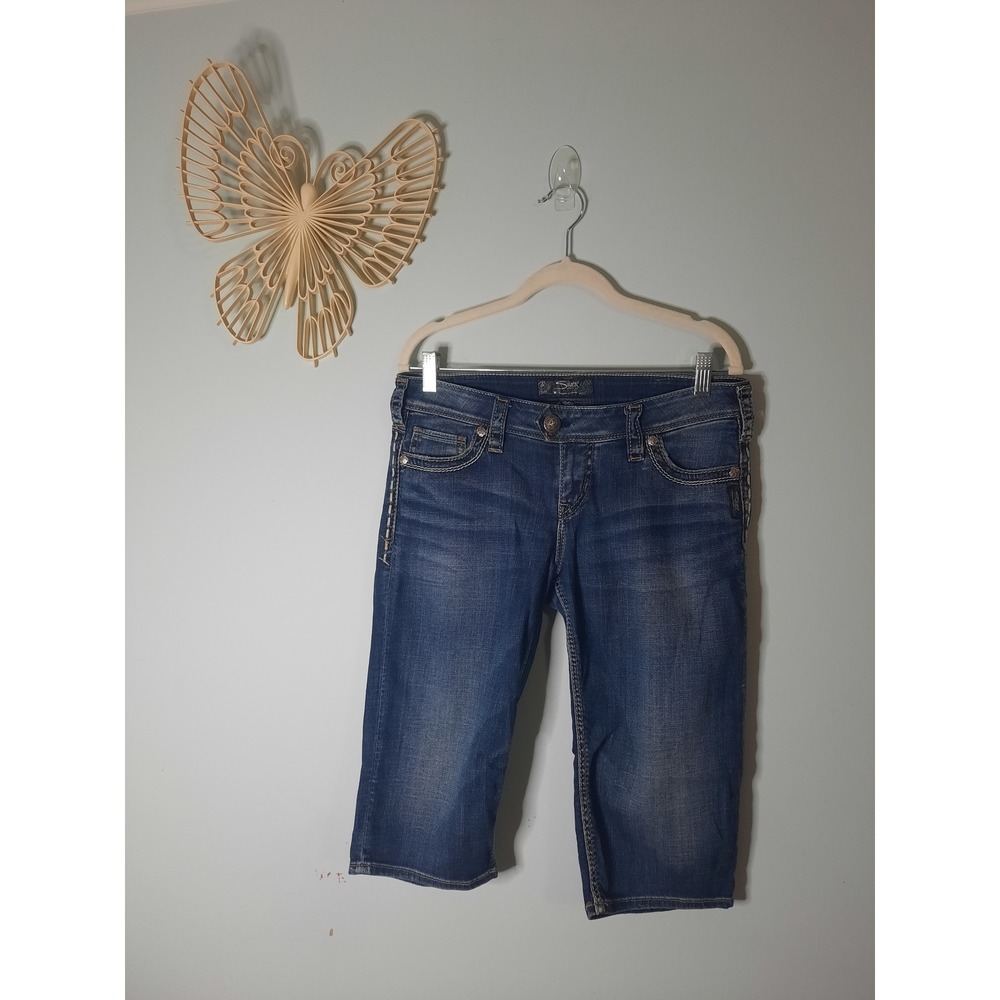 Y2K Low Rise Silver Jeans Co Tuesday Bermuda Denim Shorts Medium Wash Blue W30